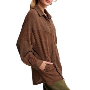 Women's Waffle Knit Patch Brown Button-Up Slouchy Relaxed Top
